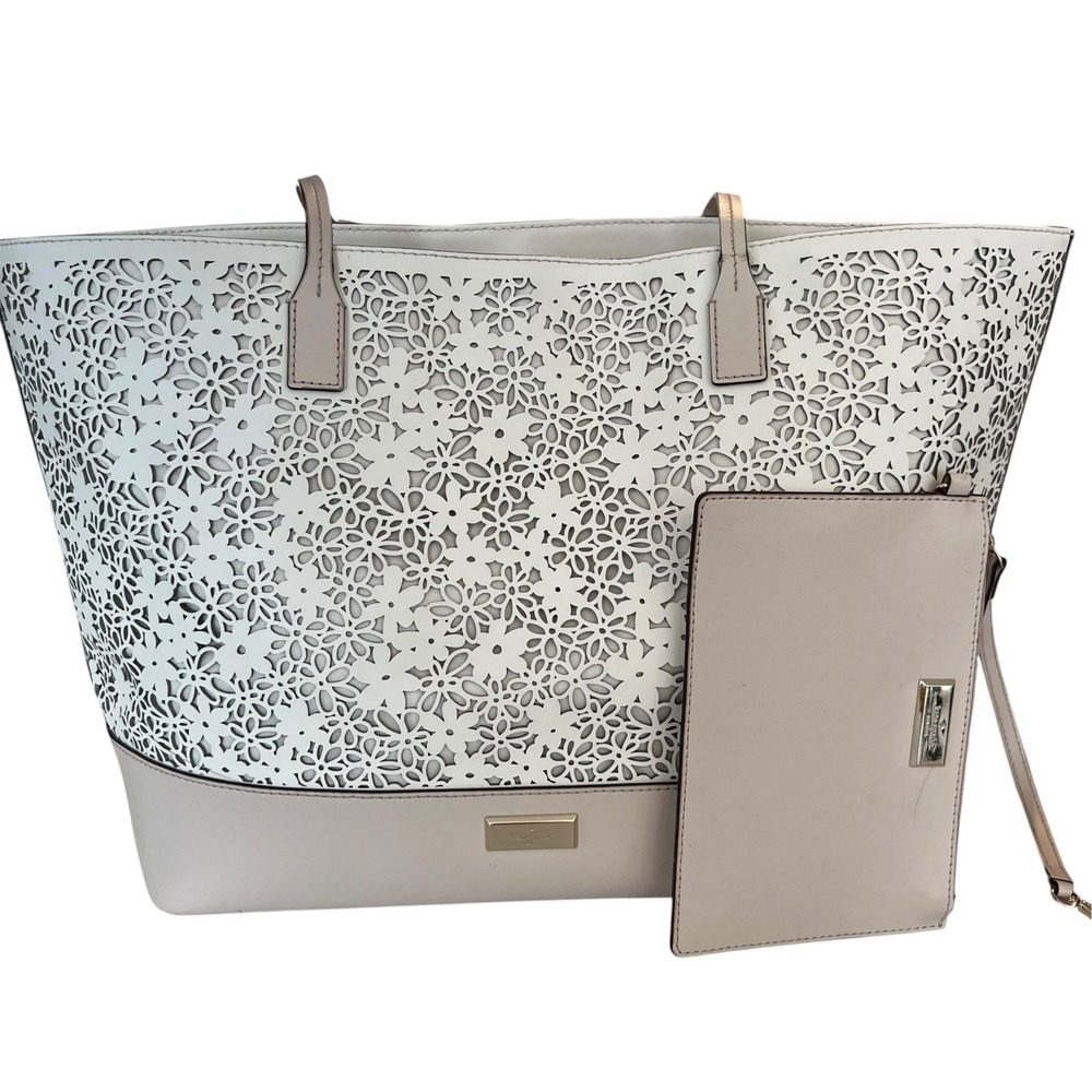 Kate Spade Bradford Court Margareta Tote Floral Laser Cut Gray White shoulder